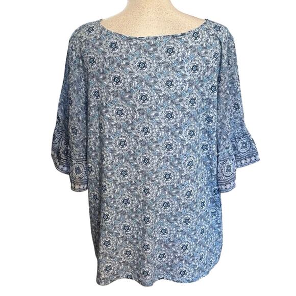 Lucky Brand Plus Size 2X Blue Print Boho Top Shirt V Neck  Sheer Ruffle Sleeve - Picture 2 of 5